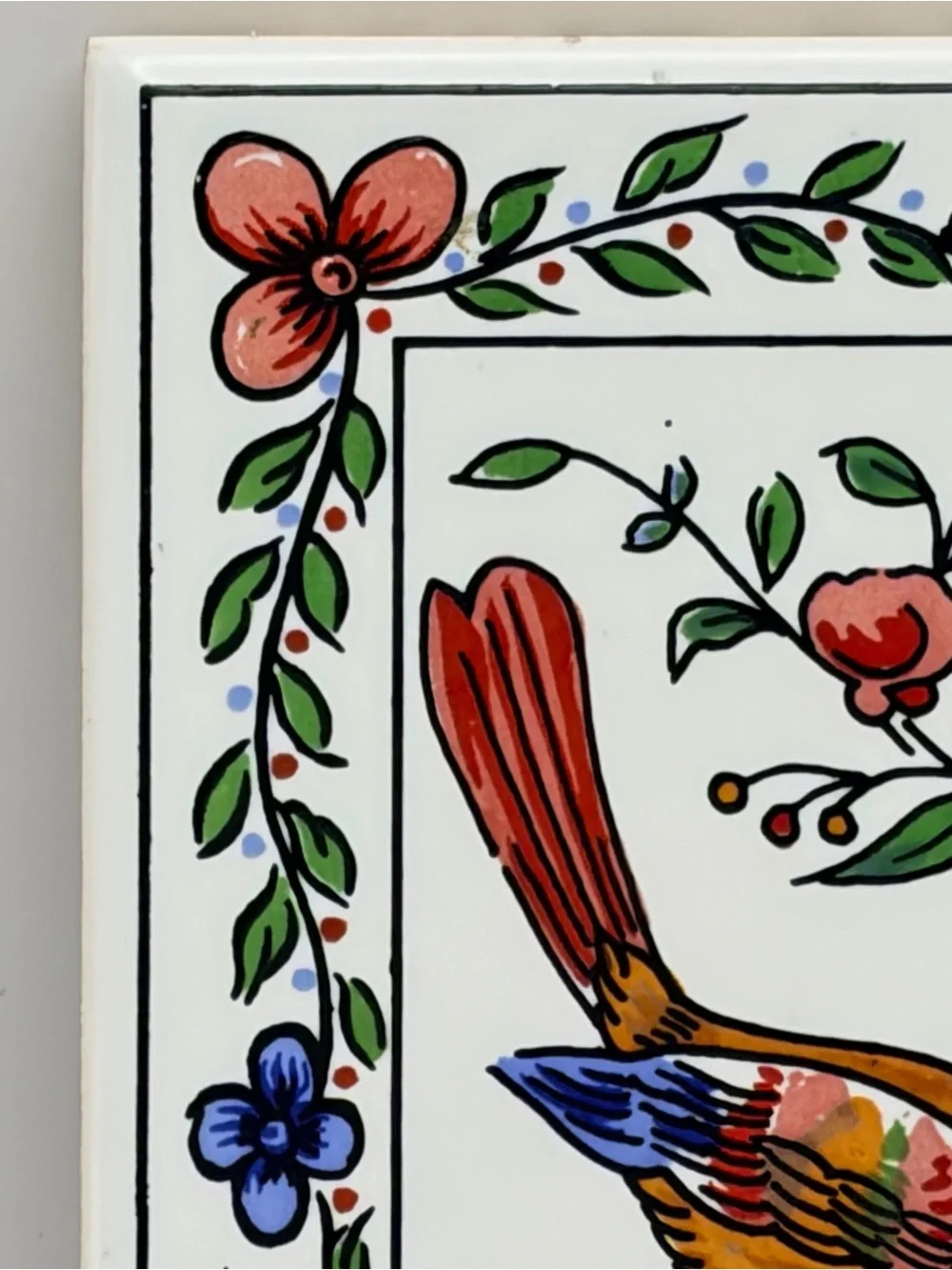 Decorative Ceramic Hand Painted Birds Miniature Tile Portugal Cork on Back